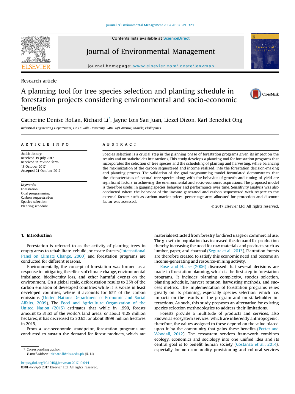 A planning tool for tree species selection and planting schedule in forestation projects considering environmental and socio-economic benefits