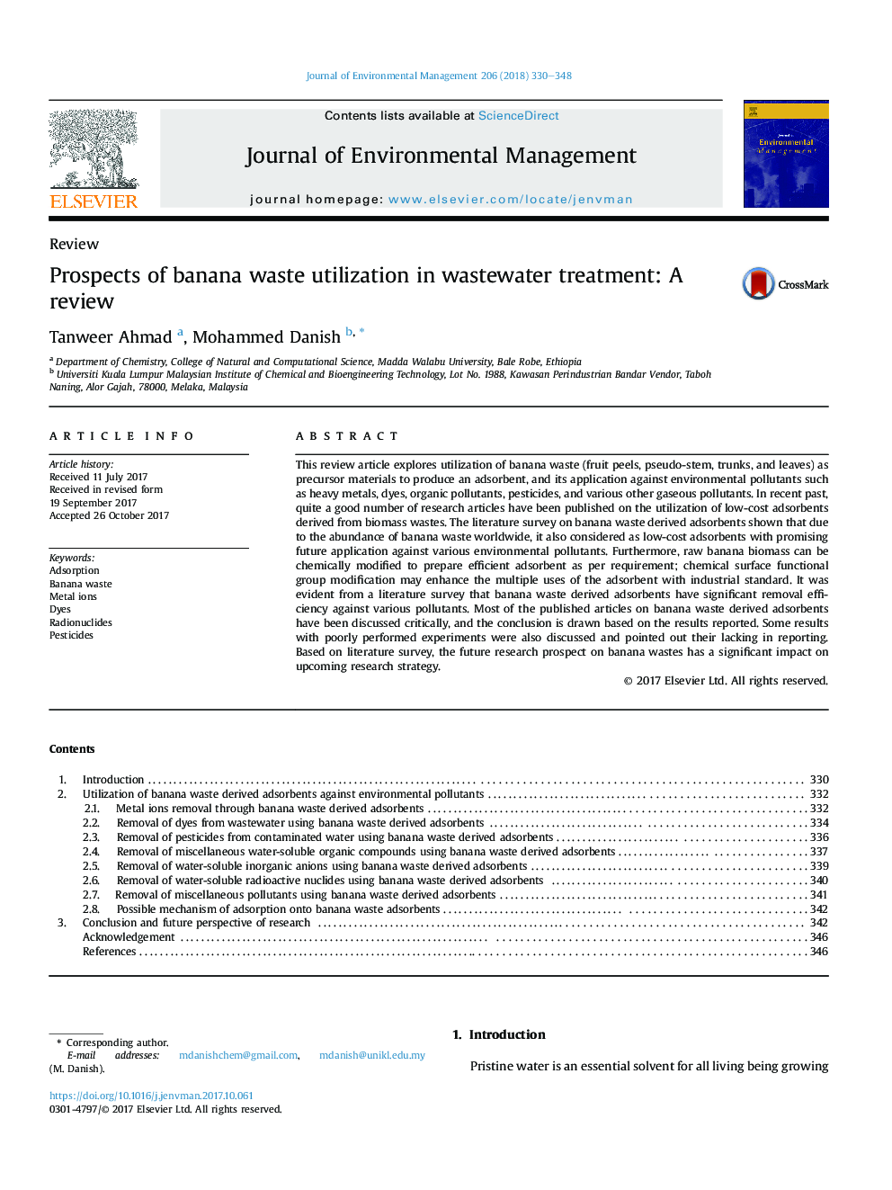 Prospects of banana waste utilization in wastewater treatment: A review