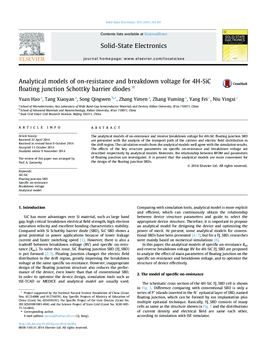 Analytical models of on-resistance and breakdown voltage for 4H-SiC floating junction Schottky barrier diodes 