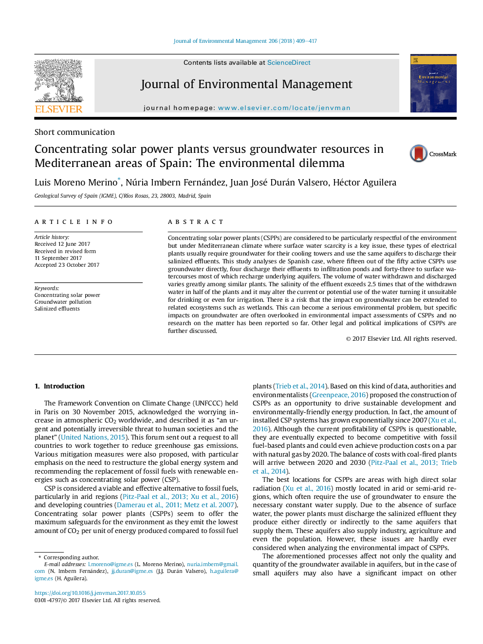 Concentrating solar power plants versus groundwater resources in Mediterranean areas of Spain: The environmental dilemma