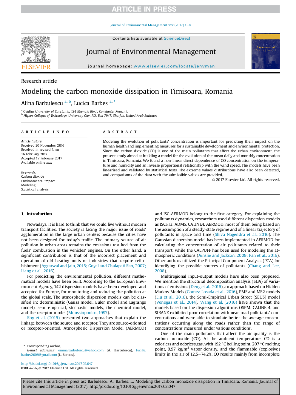 Modeling the carbon monoxide dissipation in Timisoara, Romania