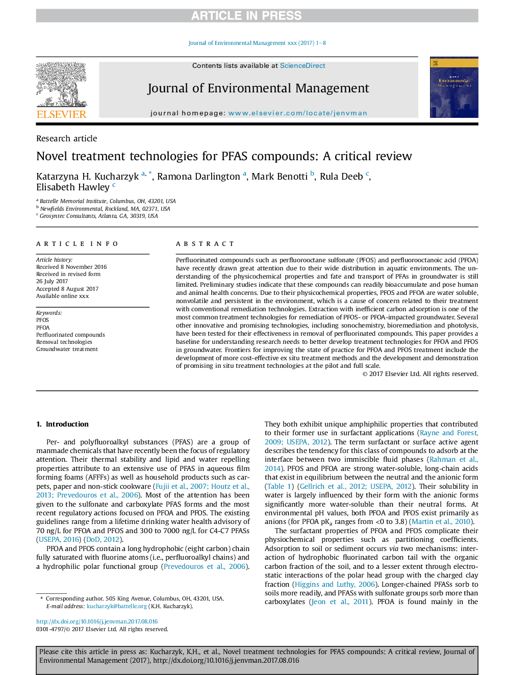 Novel treatment technologies for PFAS compounds: A critical review