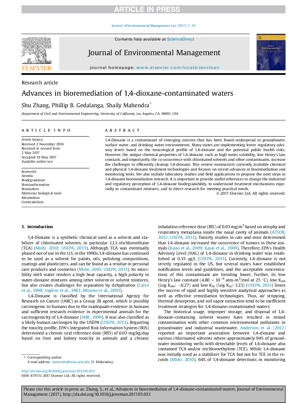 Advances in bioremediation of 1,4-dioxane-contaminated waters