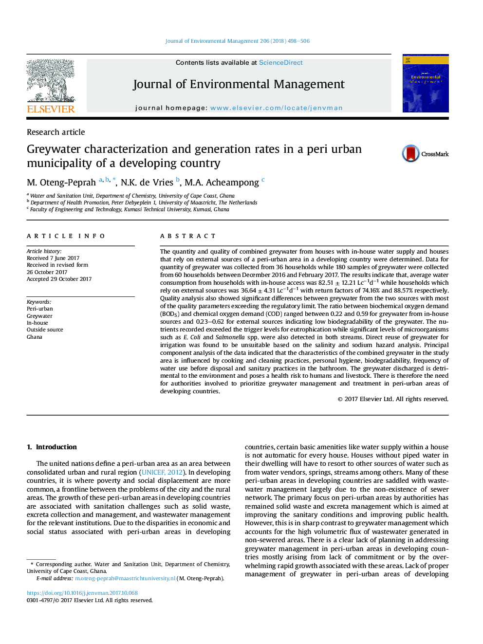 Greywater characterization and generation rates in a peri urban municipality of a developing country