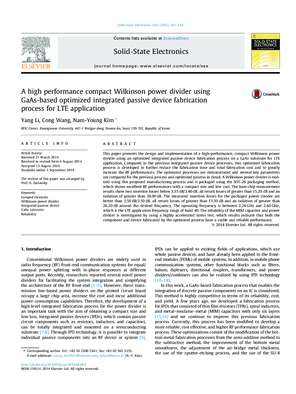 A high performance compact Wilkinson power divider using GaAs-based optimized integrated passive device fabrication process for LTE application