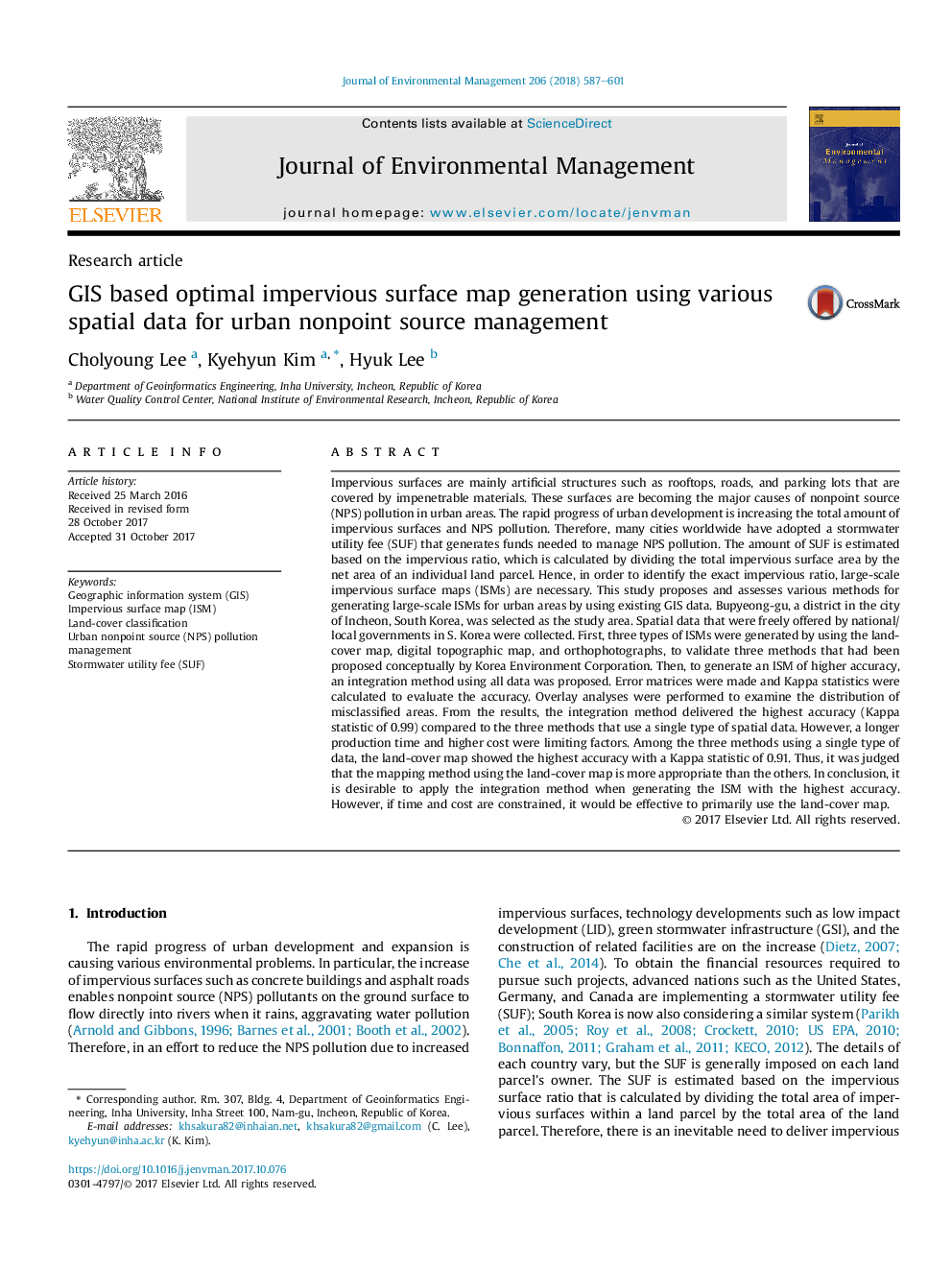 GIS based optimal impervious surface map generation using various spatial data for urban nonpoint source management