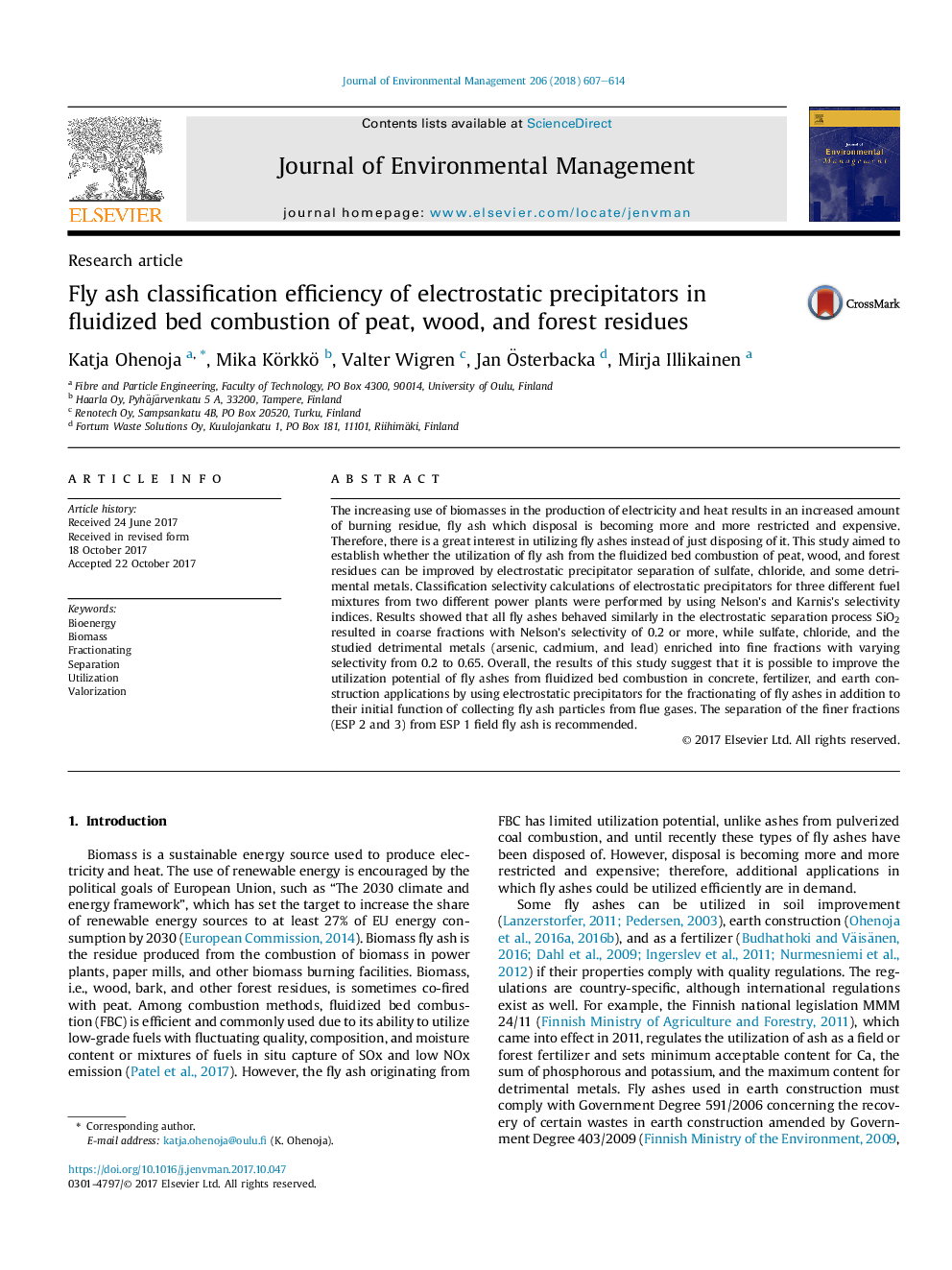 Fly ash classification efficiency of electrostatic precipitators in fluidized bed combustion of peat, wood, and forest residues