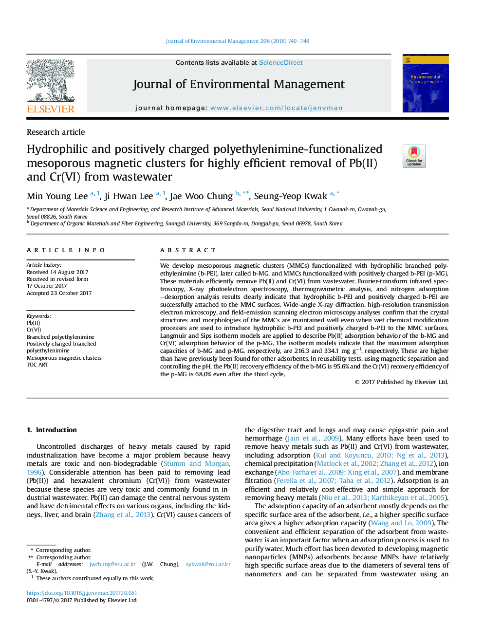 Hydrophilic and positively charged polyethylenimine-functionalized mesoporous magnetic clusters for highly efficient removal of Pb(II) and Cr(VI) from wastewater