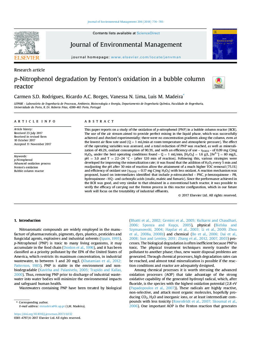 p-Nitrophenol degradation by Fenton's oxidation in a bubble column reactor