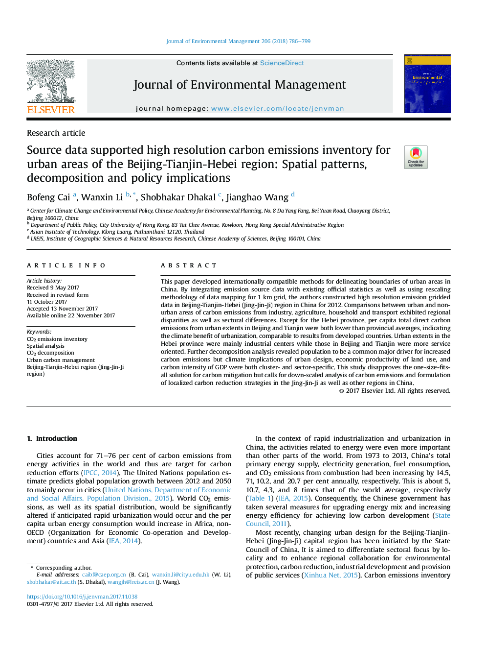 Source data supported high resolution carbon emissions inventory for urban areas of the Beijing-Tianjin-Hebei region: Spatial patterns, decomposition and policy implications