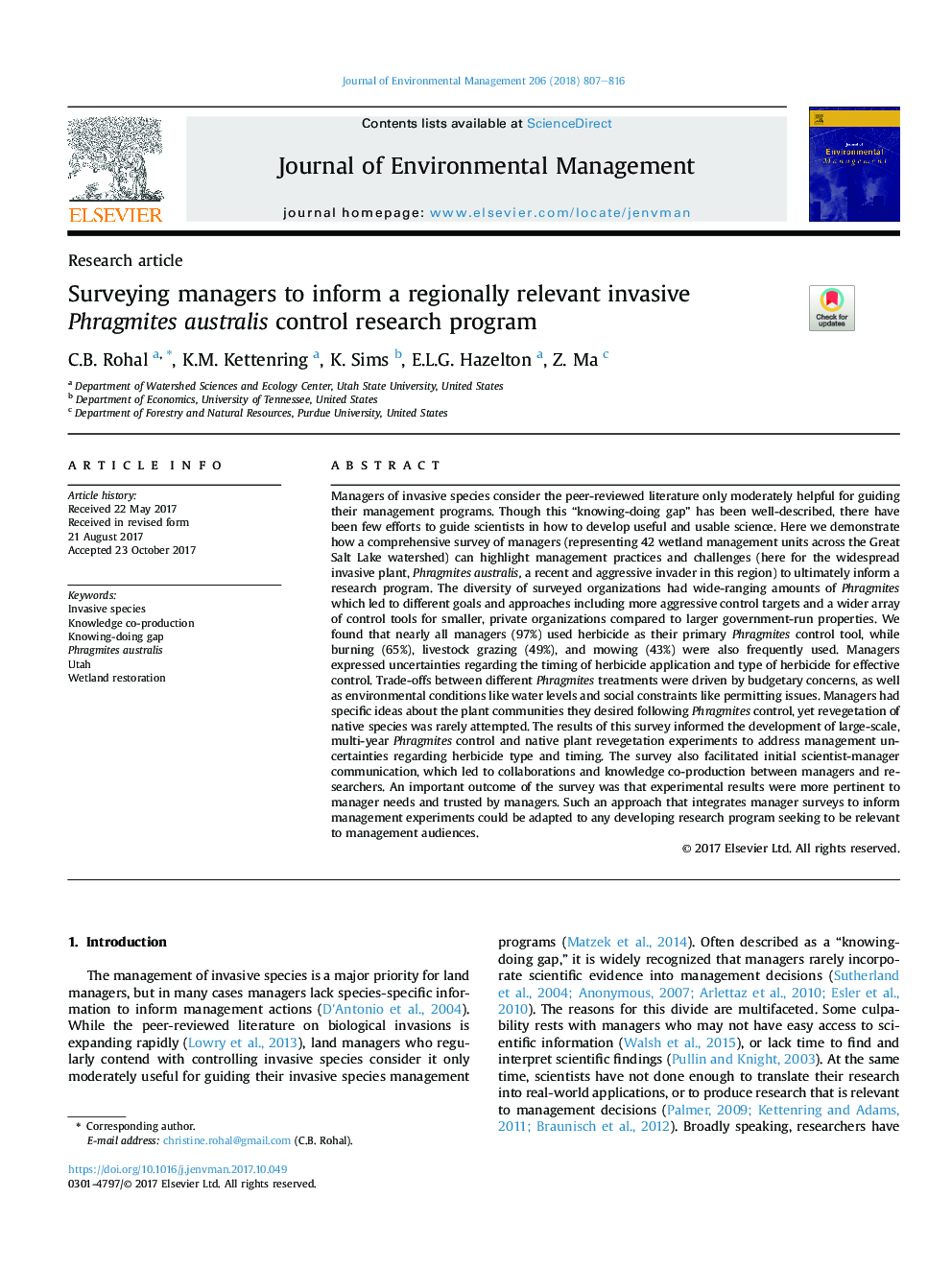 Surveying managers to inform a regionally relevant invasive Phragmites australis control research program