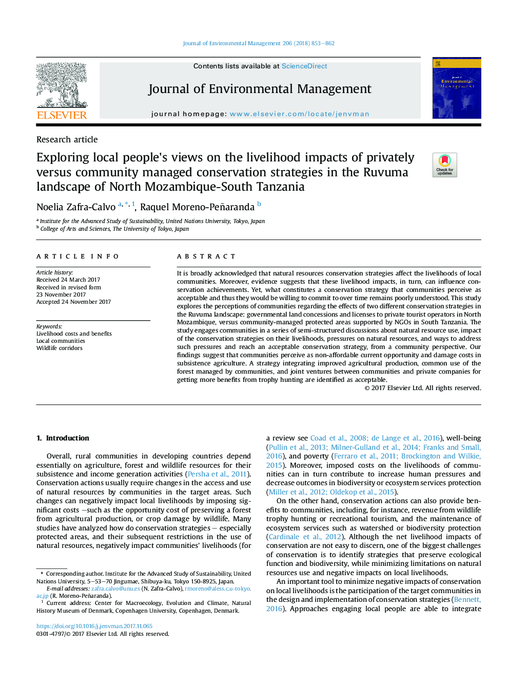 Exploring local people's views on the livelihood impacts of privately versus community managed conservation strategies in the Ruvuma landscape of North Mozambique-South Tanzania