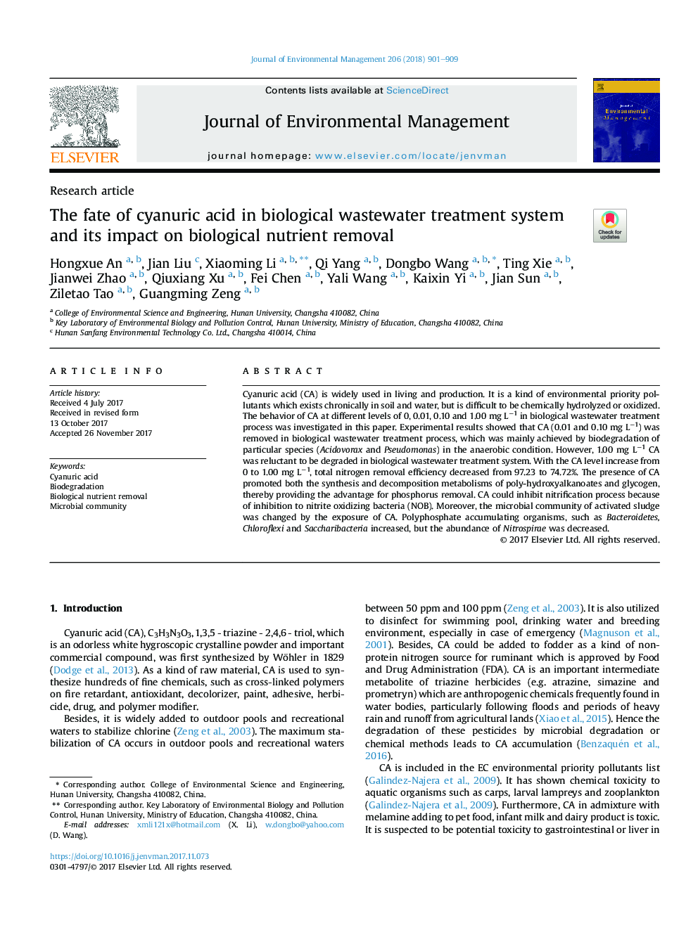 The fate of cyanuric acid in biological wastewater treatment system and its impact on biological nutrient removal