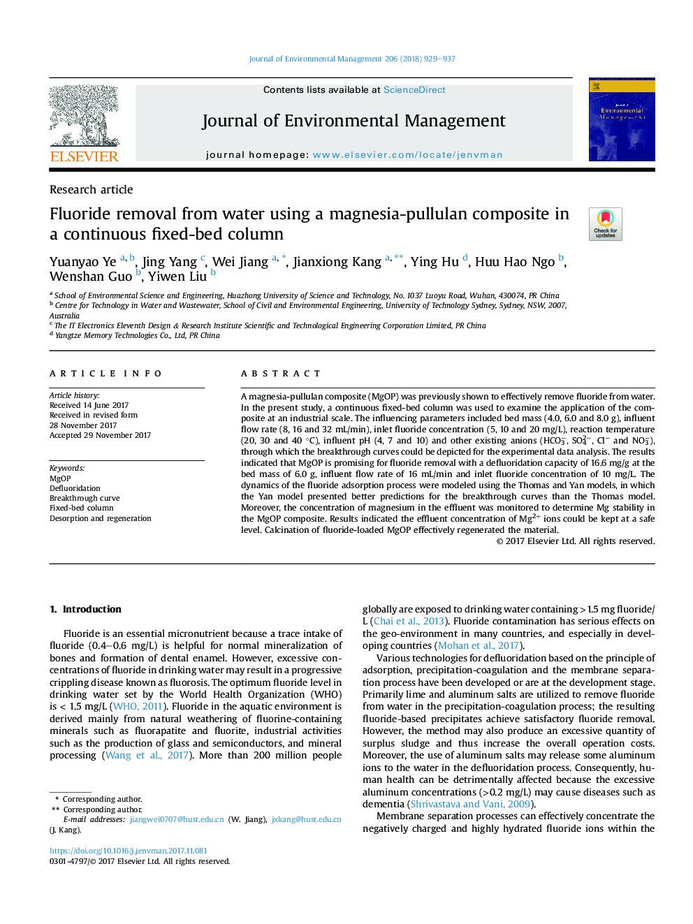 Fluoride removal from water using a magnesia-pullulan composite in a continuous fixed-bed column