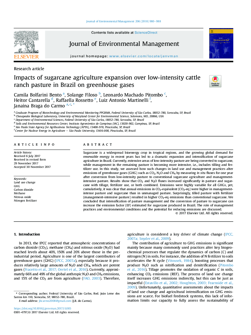 Impacts of sugarcane agriculture expansion over low-intensity cattle ranch pasture in Brazil on greenhouse gases