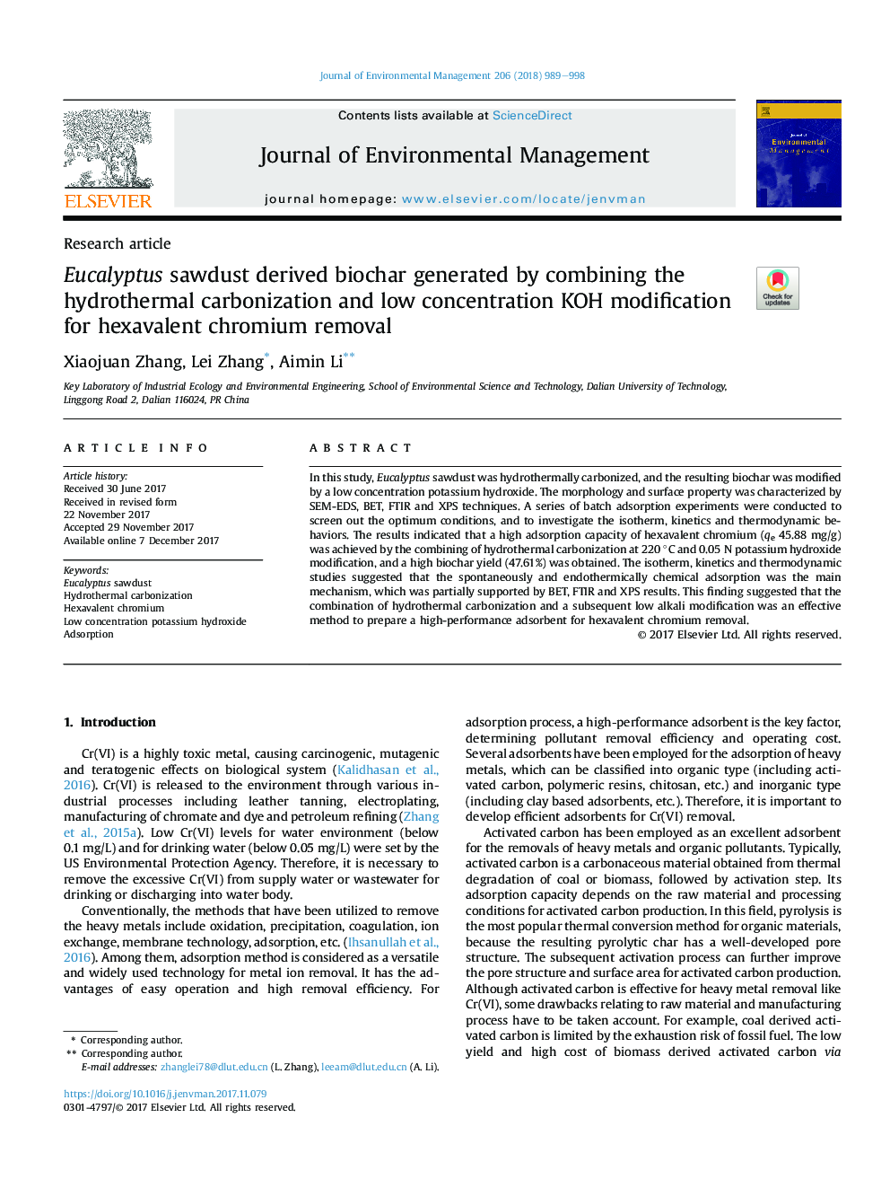 Eucalyptus sawdust derived biochar generated by combining the hydrothermal carbonization and low concentration KOH modification for hexavalent chromium removal