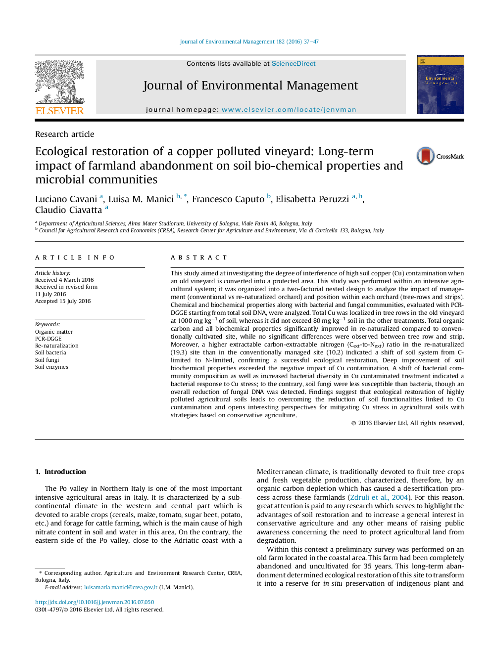 Ecological restoration of a copper polluted vineyard: Long-term impact of farmland abandonment on soil bio-chemical properties and microbial communities