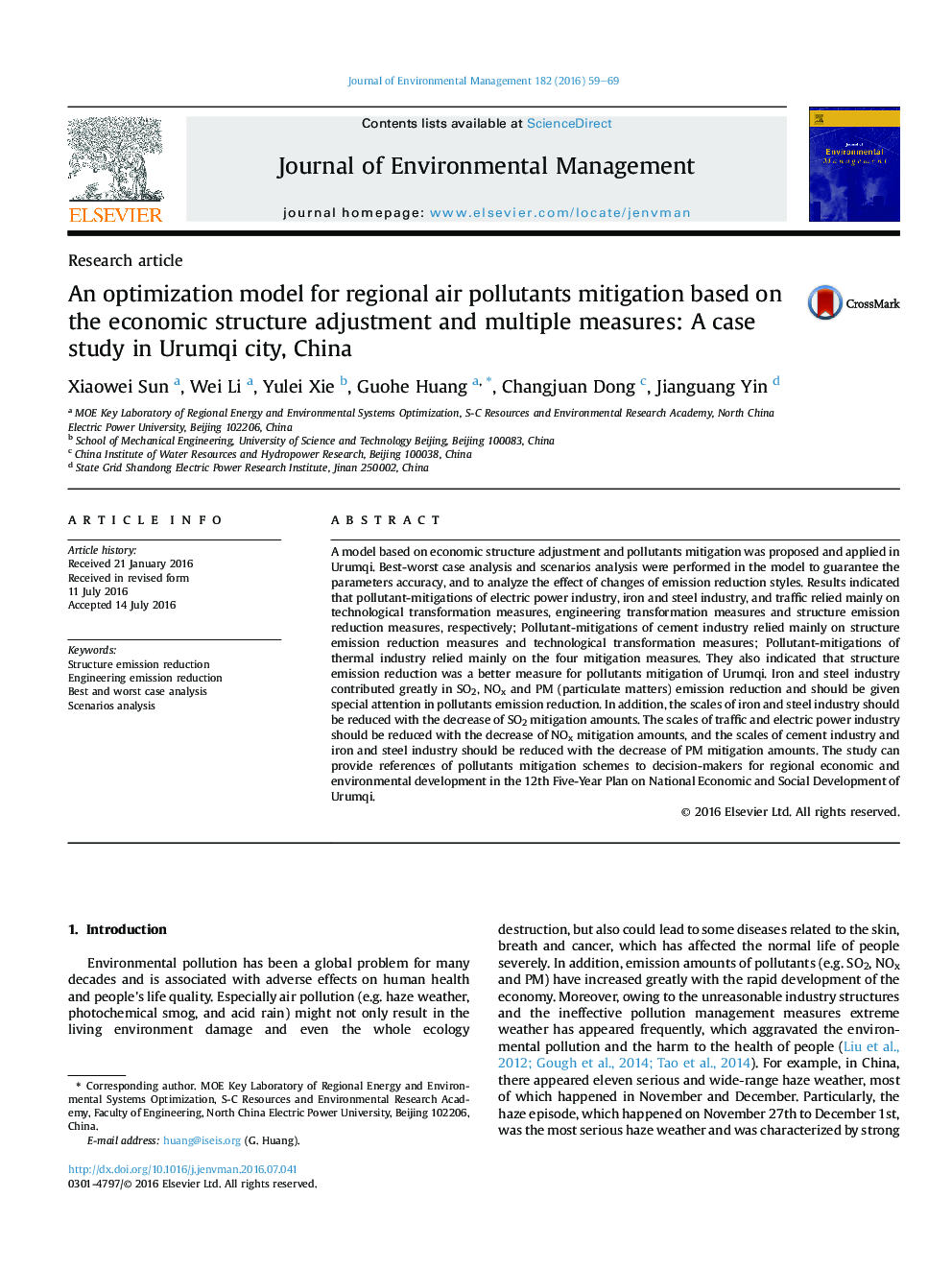 An optimization model for regional air pollutants mitigation based on the economic structure adjustment and multiple measures: A case study in Urumqi city, China