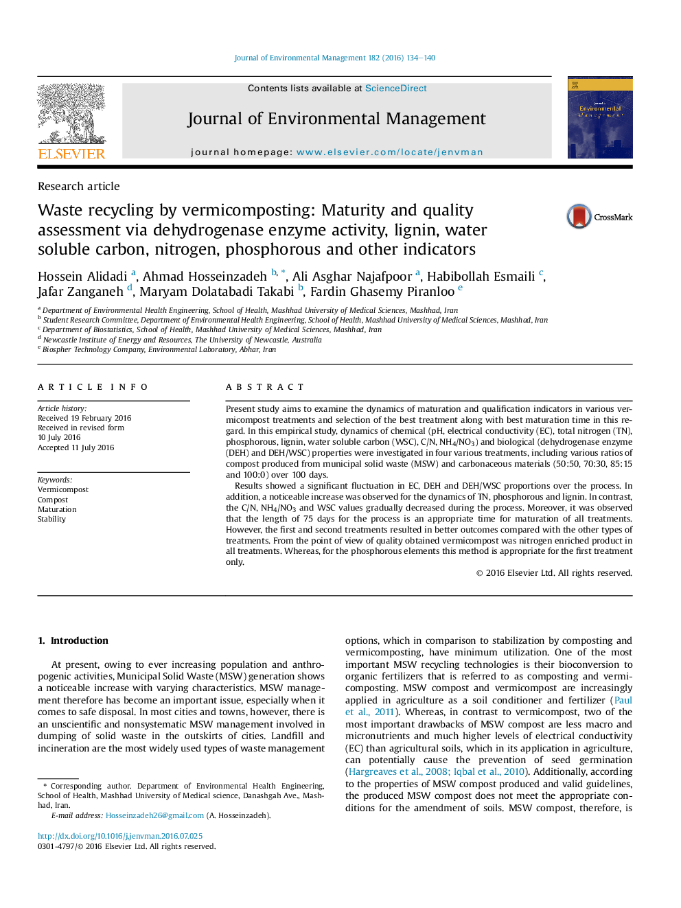 Waste recycling by vermicomposting: Maturity and quality assessment via dehydrogenase enzyme activity, lignin, water soluble carbon, nitrogen, phosphorous and other indicators