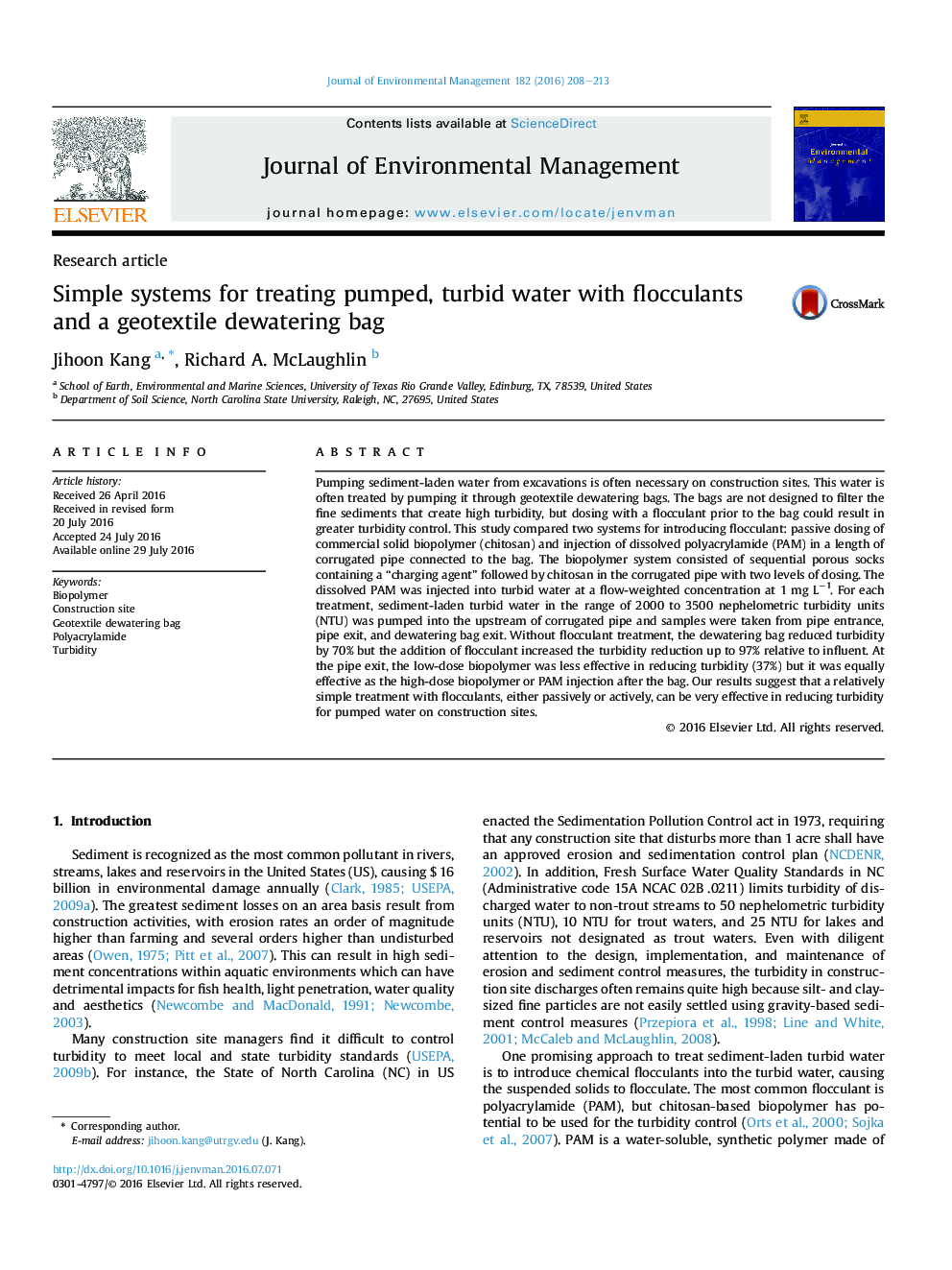 Simple systems for treating pumped, turbid water with flocculants and a geotextile dewatering bag