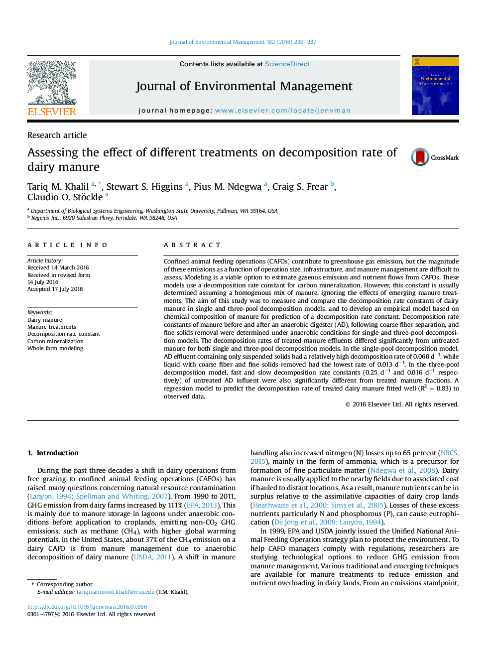 Assessing the effect of different treatments on decomposition rate of dairy manure