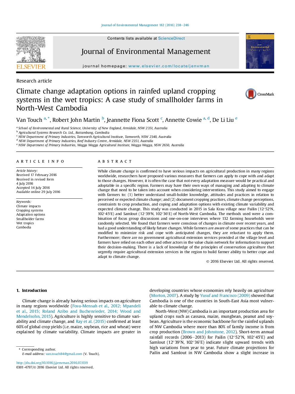 Climate change adaptation options in rainfed upland cropping systems in the wet tropics: A case study of smallholder farms in North-West Cambodia