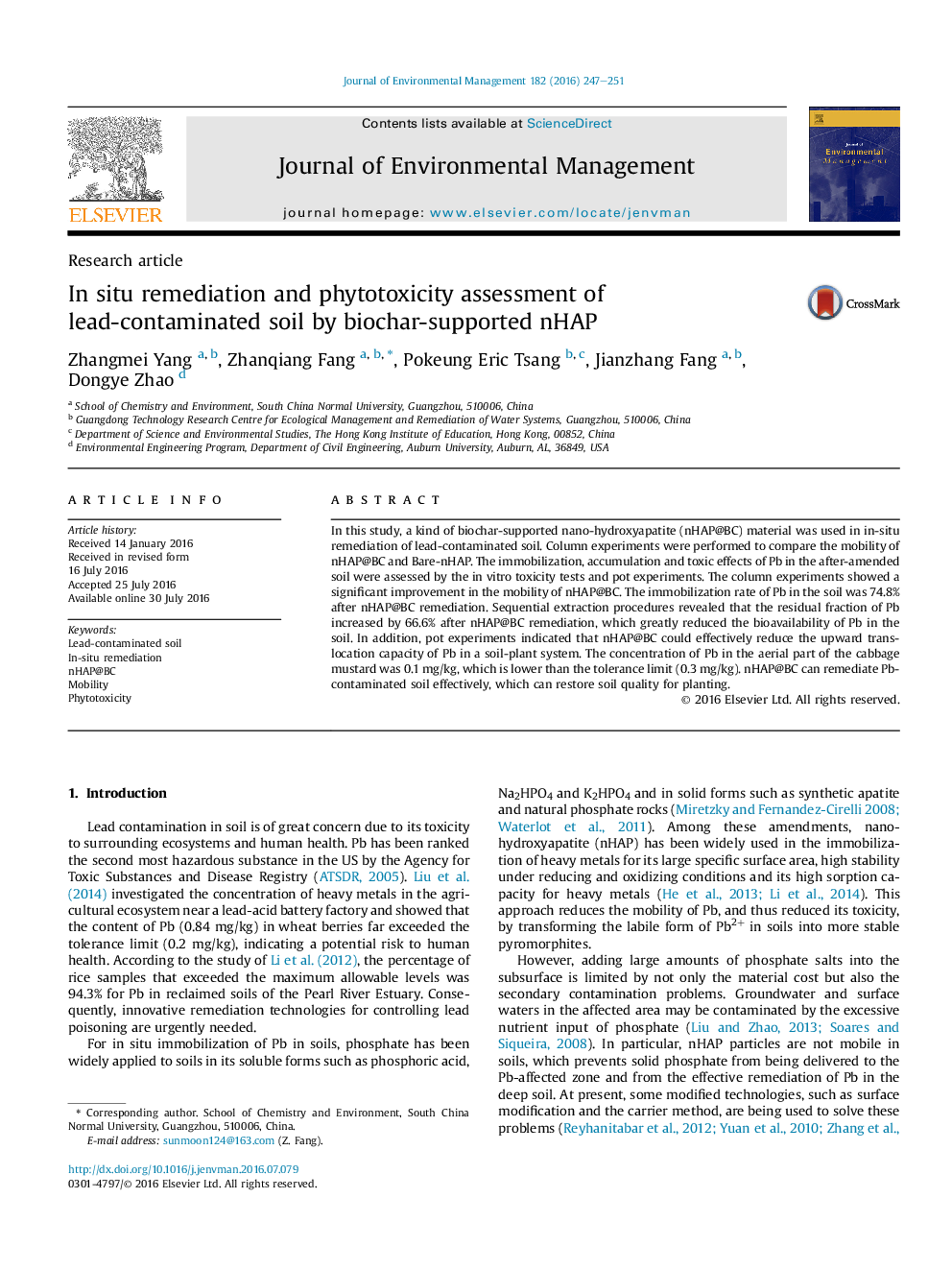 In situ remediation and phytotoxicity assessment of lead-contaminated soil by biochar-supported nHAP