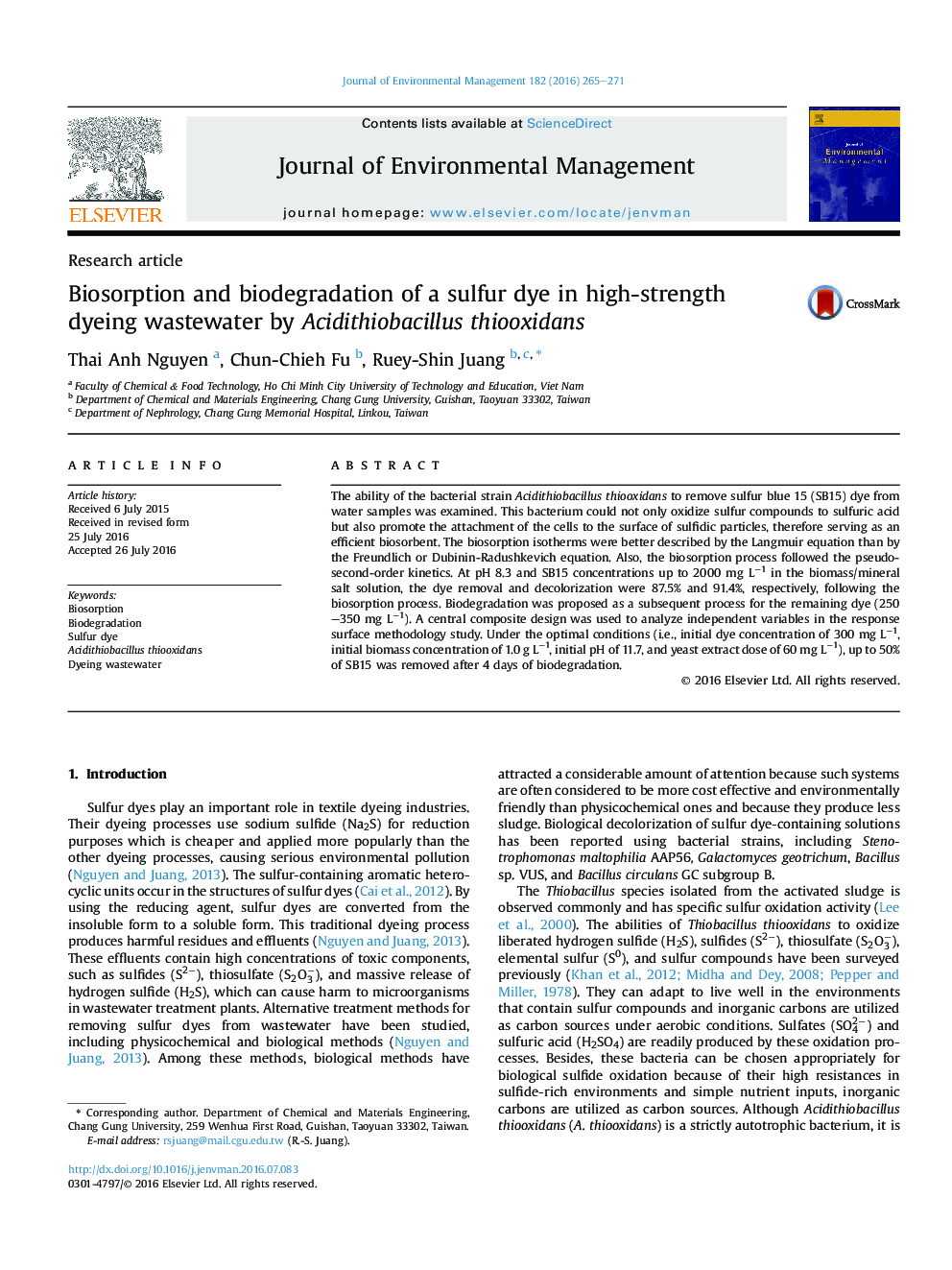 Biosorption and biodegradation of a sulfur dye in high-strength dyeing wastewater by Acidithiobacillus thiooxidans