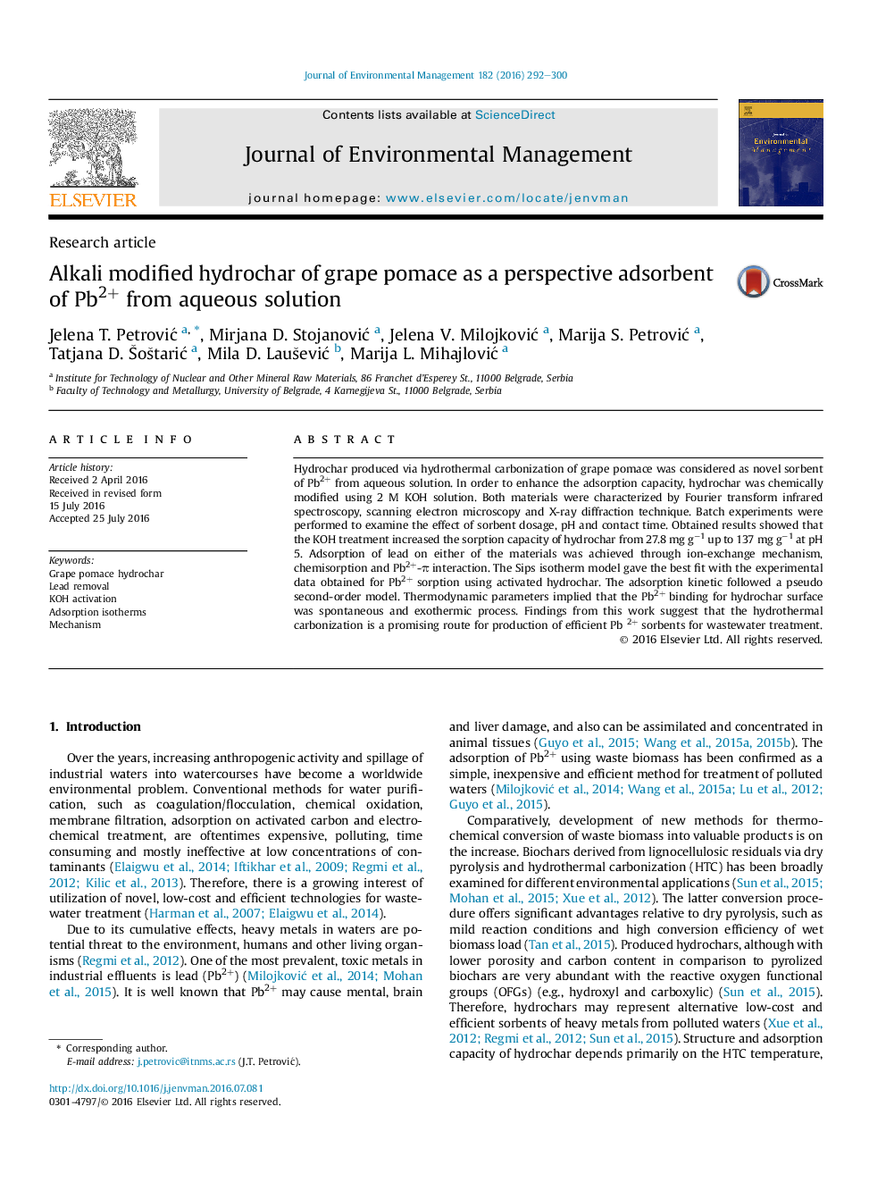 Alkali modified hydrochar of grape pomace as a perspective adsorbent of Pb2+ from aqueous solution