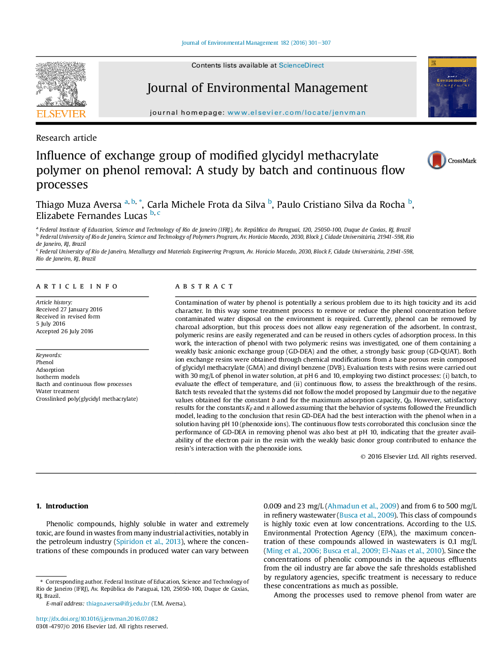 Influence of exchange group of modified glycidyl methacrylate polymer on phenol removal: A study by batch and continuous flow processes