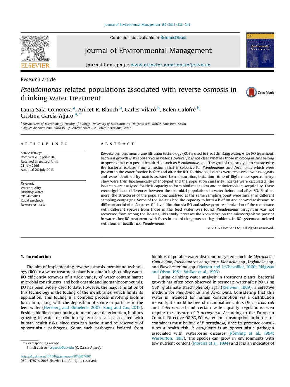 Pseudomonas-related populations associated with reverse osmosis in drinking water treatment