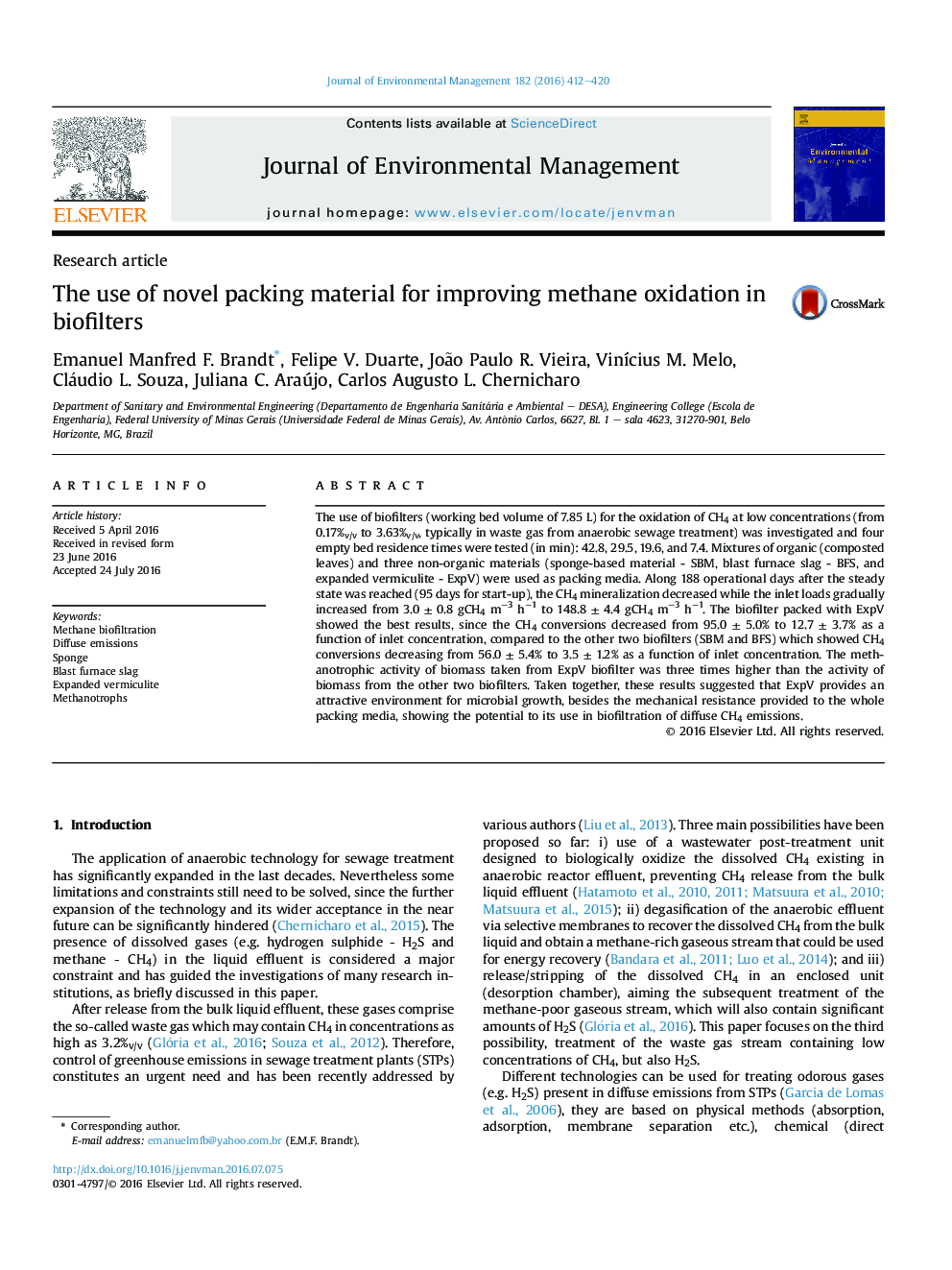 The use of novel packing material for improving methane oxidation in biofilters