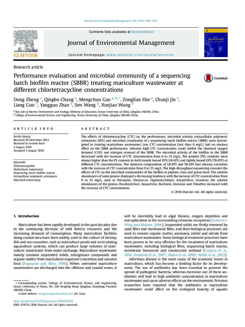 Performance evaluation and microbial community of a sequencing batch biofilm reactor (SBBR) treating mariculture wastewater at different chlortetracycline concentrations