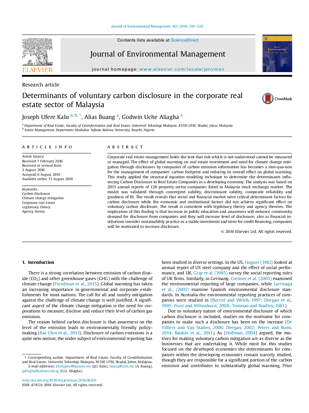 Determinants of voluntary carbon disclosure in the corporate real estate sector of Malaysia