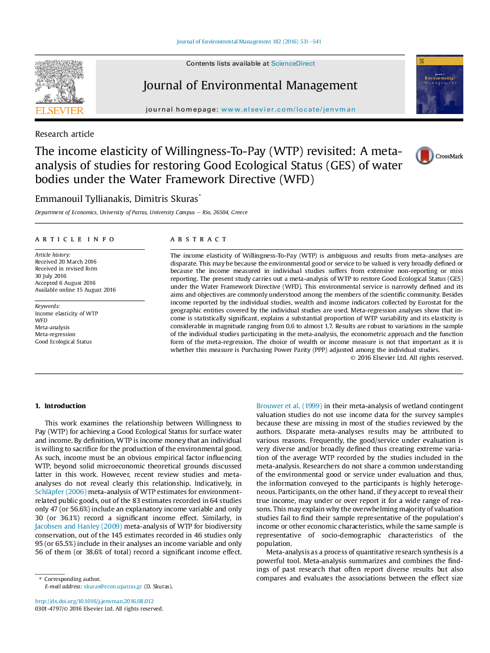 The income elasticity of Willingness-To-Pay (WTP) revisited: A meta-analysis of studies for restoring Good Ecological Status (GES) of water bodies under the Water Framework Directive (WFD)