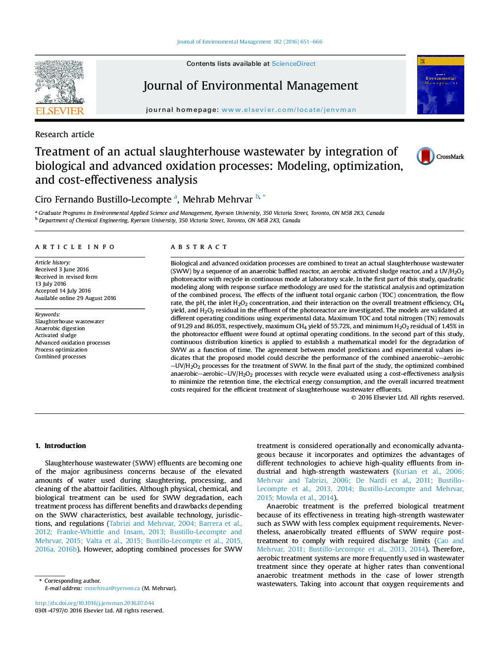 Treatment of an actual slaughterhouse wastewater by integration of biological and advanced oxidation processes: Modeling, optimization, and cost-effectiveness analysis