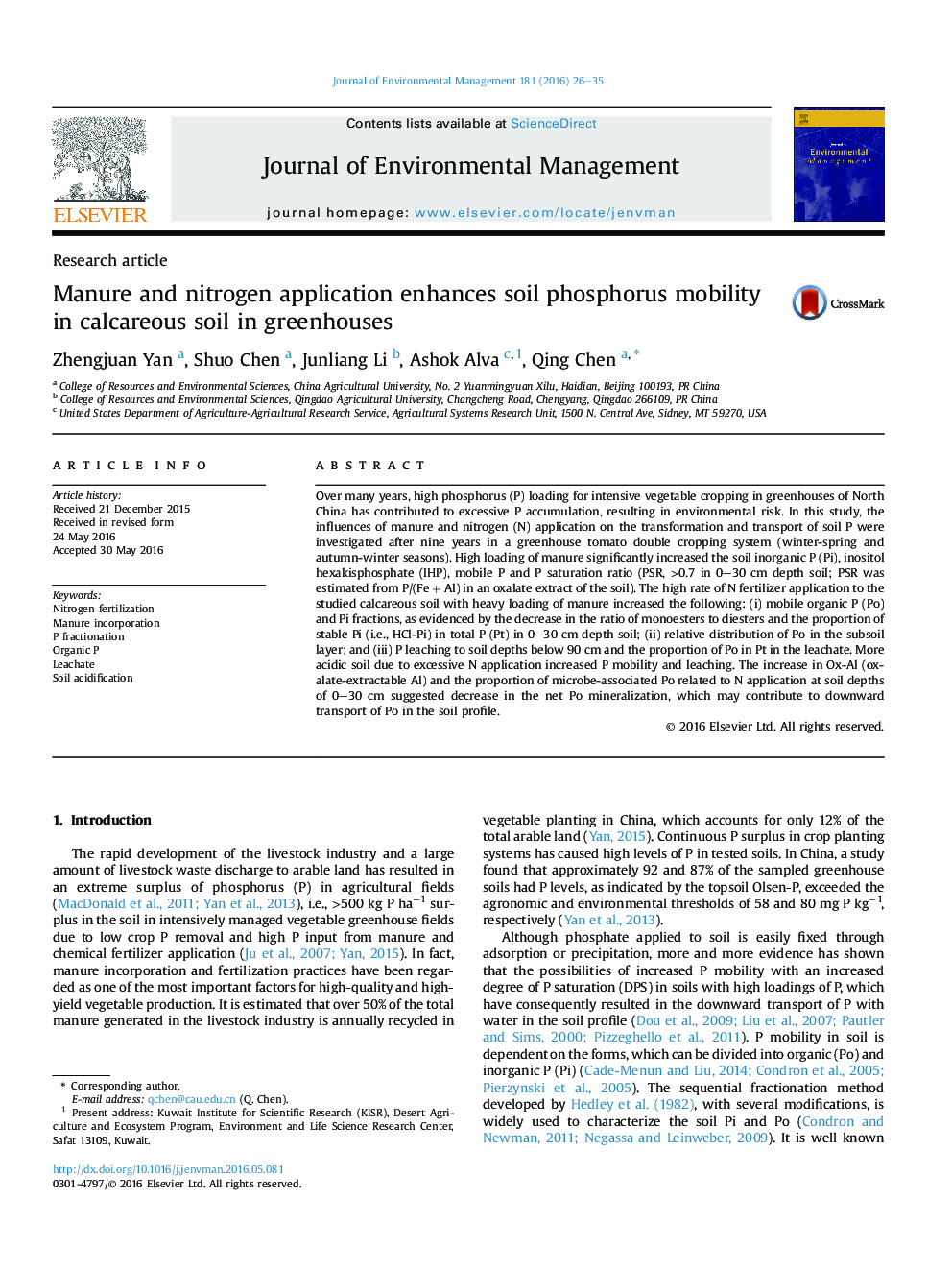 Manure and nitrogen application enhances soil phosphorus mobility in calcareous soil in greenhouses