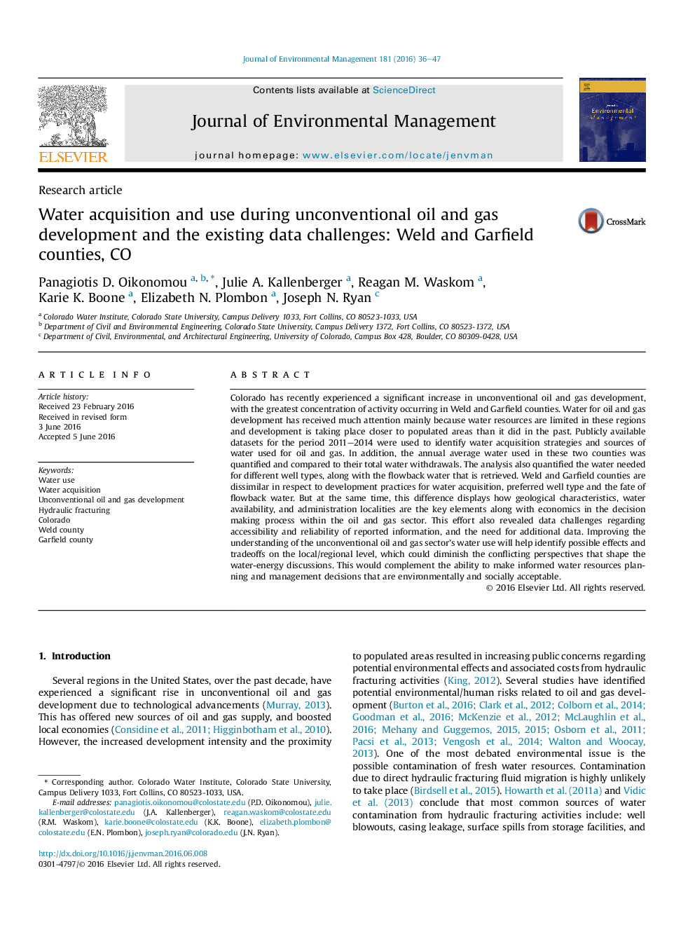 Water acquisition and use during unconventional oil and gas development and the existing data challenges: Weld and Garfield counties, CO