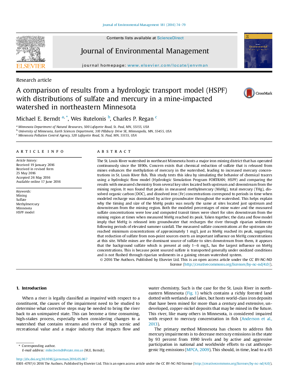 A comparison of results from a hydrologic transport model (HSPF) with distributions of sulfate and mercury in a mine-impacted watershed in northeastern Minnesota