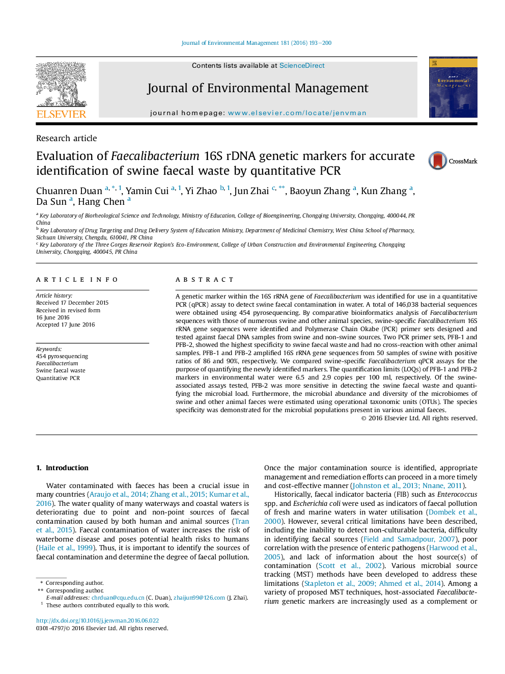 Evaluation of Faecalibacterium 16S rDNA genetic markers for accurate identification of swine faecal waste by quantitative PCR