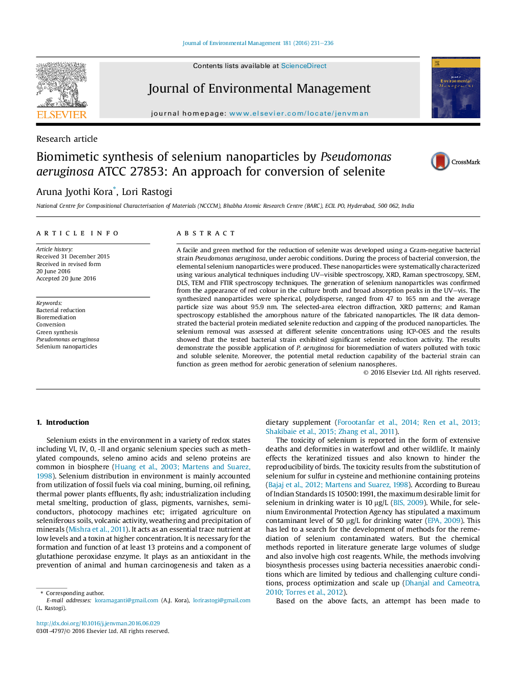 Biomimetic synthesis of selenium nanoparticles by Pseudomonas aeruginosa ATCC 27853: An approach for conversion of selenite