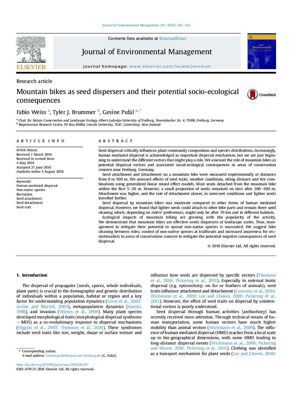 Mountain bikes as seed dispersers and their potential socio-ecological consequences