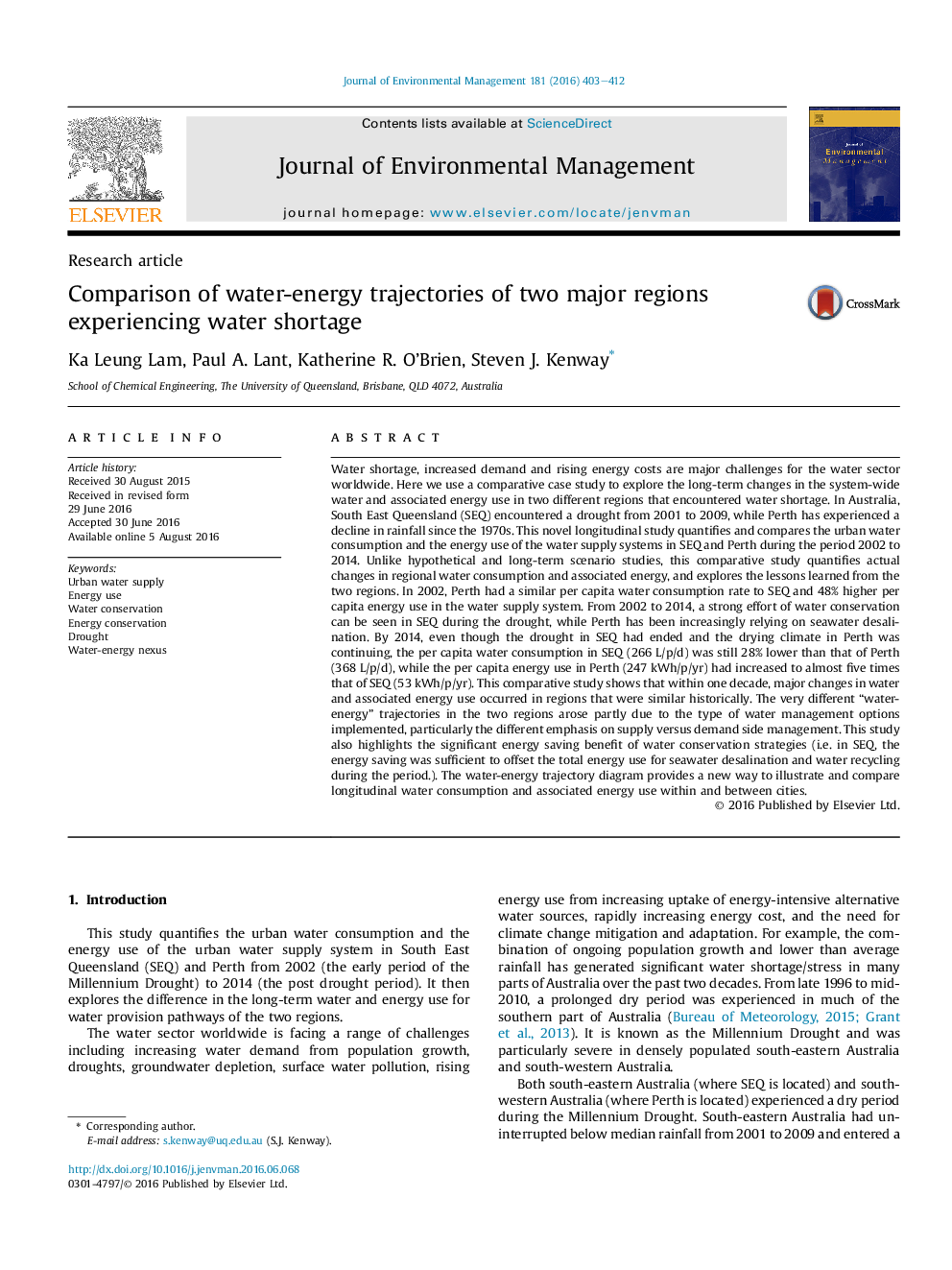 Comparison of water-energy trajectories of two major regions experiencing water shortage