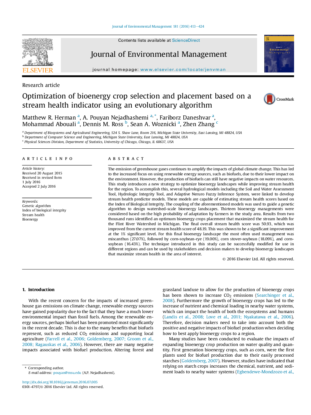 Optimization of bioenergy crop selection and placement based on a stream health indicator using an evolutionary algorithm