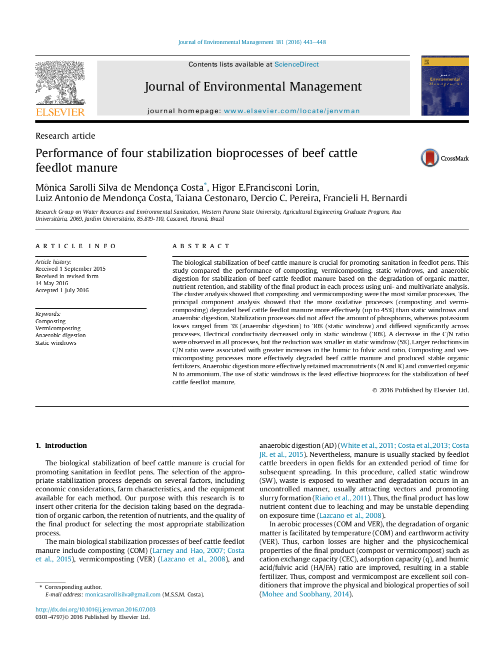 Performance of four stabilization bioprocesses of beef cattle feedlot manure