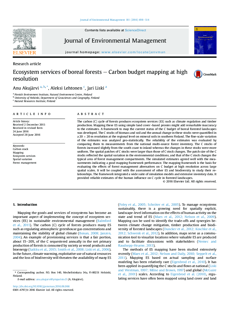 Ecosystem services of boreal forests - Carbon budget mapping at high resolution