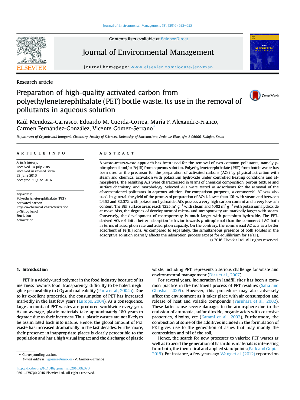 Preparation of high-quality activated carbon from polyethyleneterephthalate (PET) bottle waste. Its use in the removal of pollutants in aqueous solution