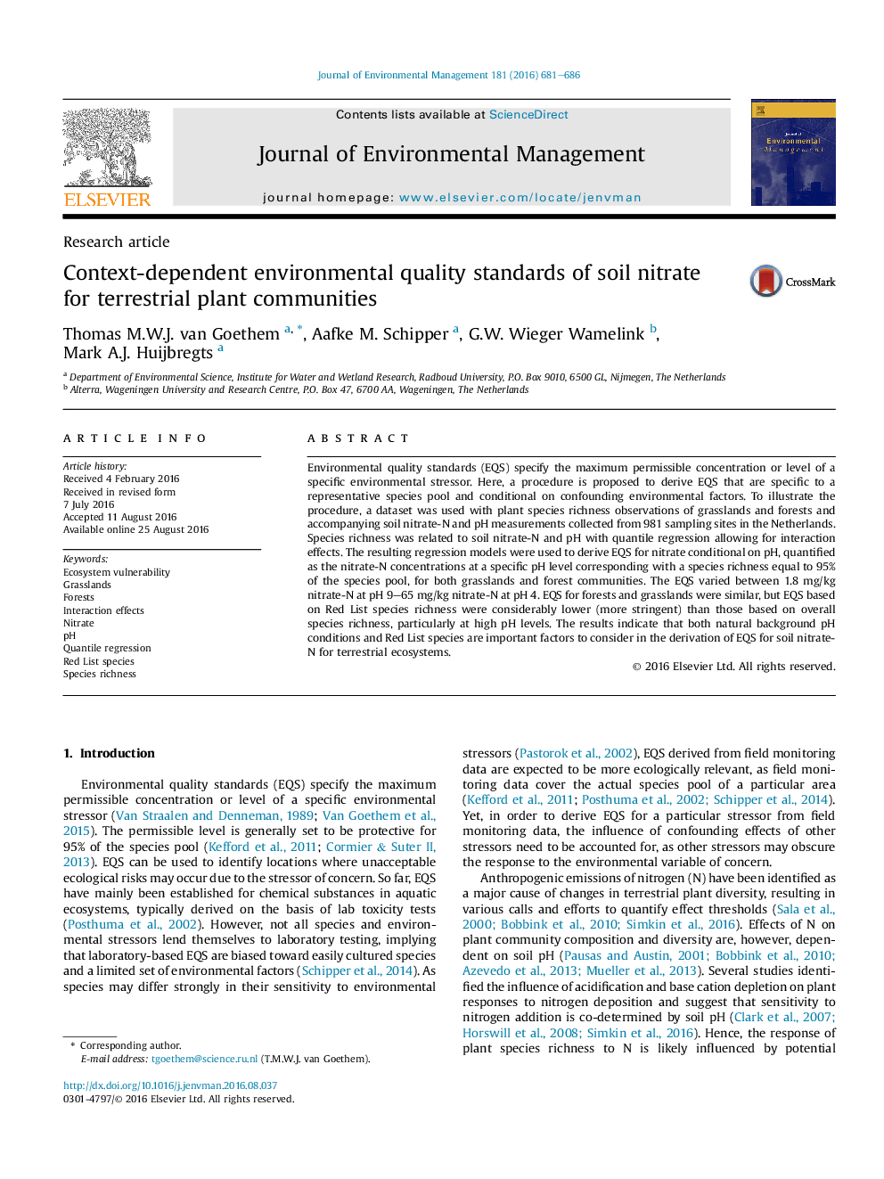 Context-dependent environmental quality standards of soil nitrate for terrestrial plant communities