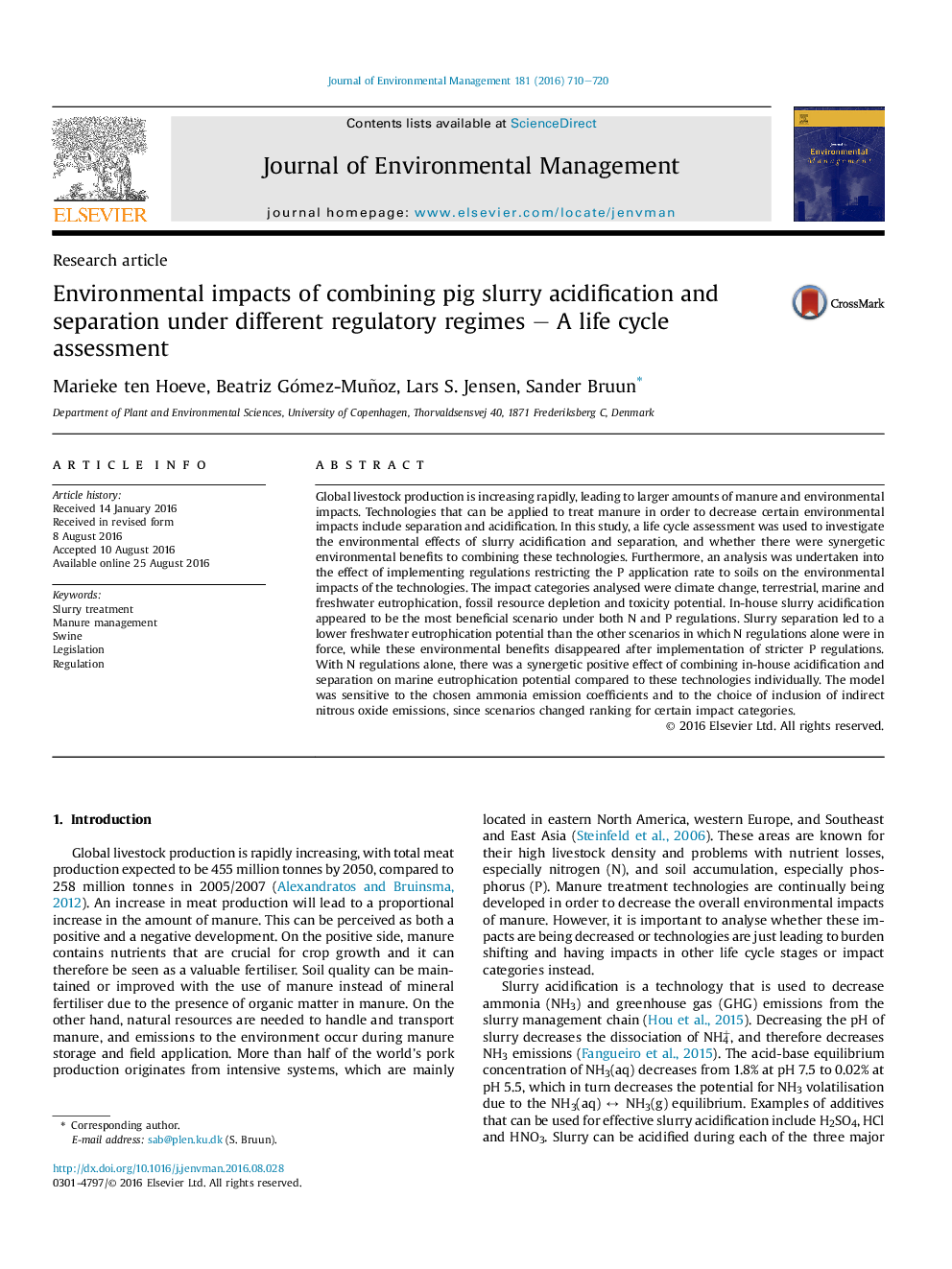 Environmental impacts of combining pig slurry acidification and separation under different regulatory regimes - A life cycle assessment