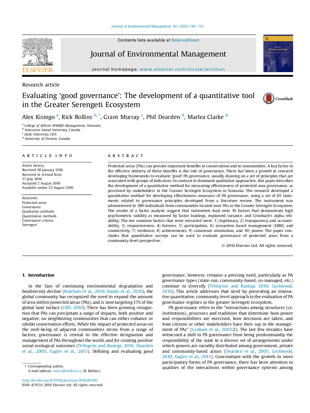 Evaluating 'good governance': The development of a quantitative tool in the Greater Serengeti Ecosystem